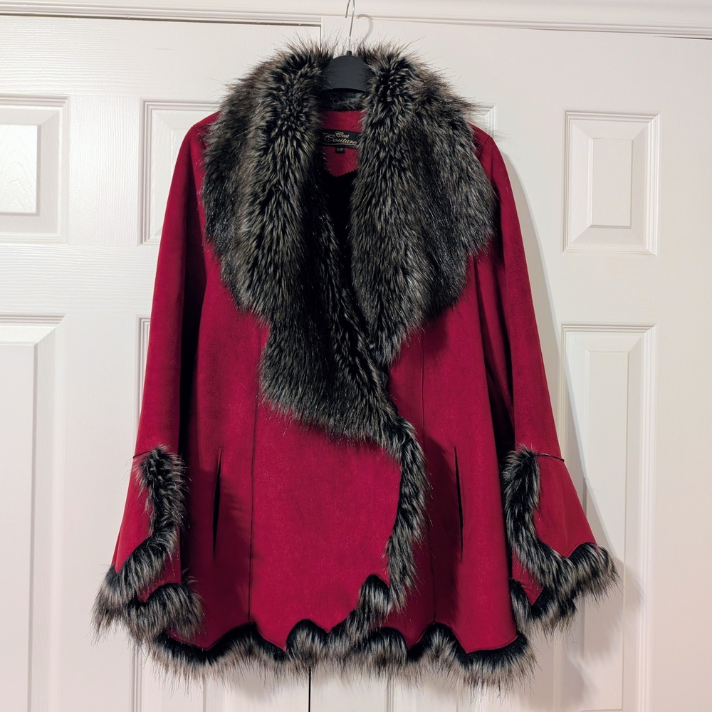 Coat Couture Red Coat Faux Fur Trim - Small